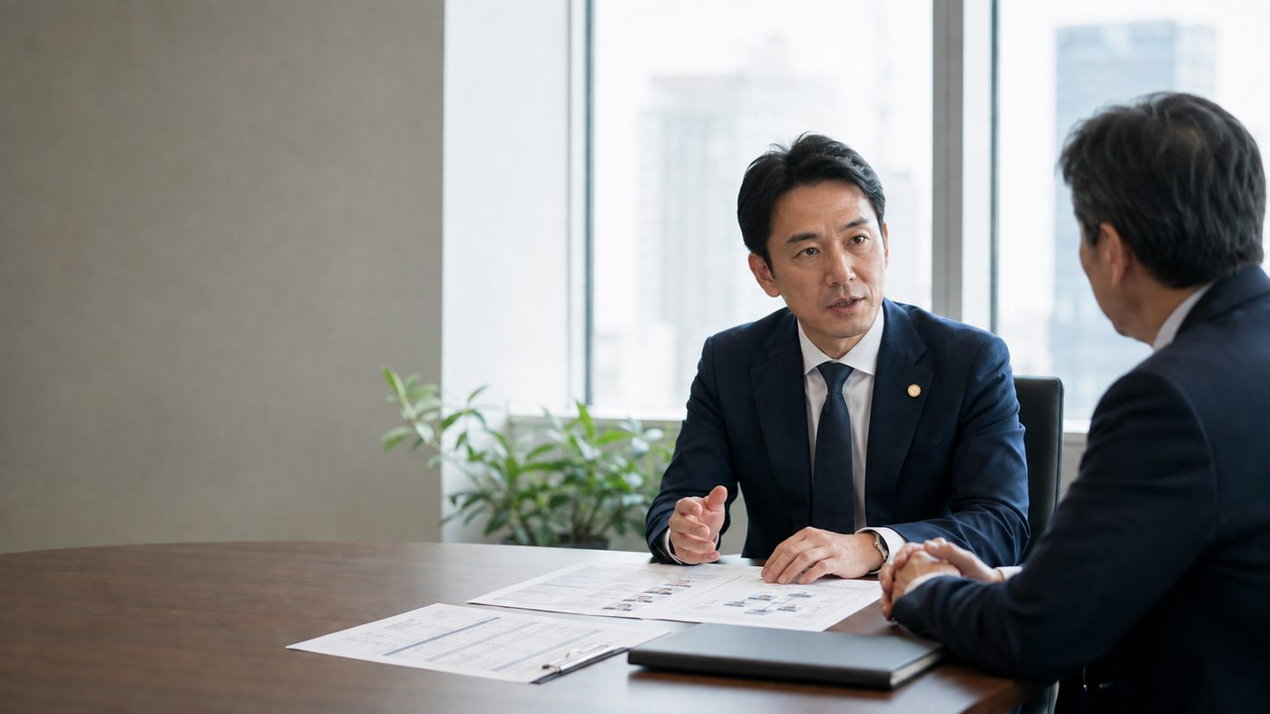 社労士が経営者に人事評価制度を提案している様子
